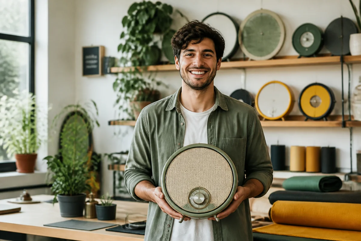 Jeune entrepreneur souriant dans son atelier, idéal pour savoir quel business lancer en 2026 grâce à l'artisanat durable.