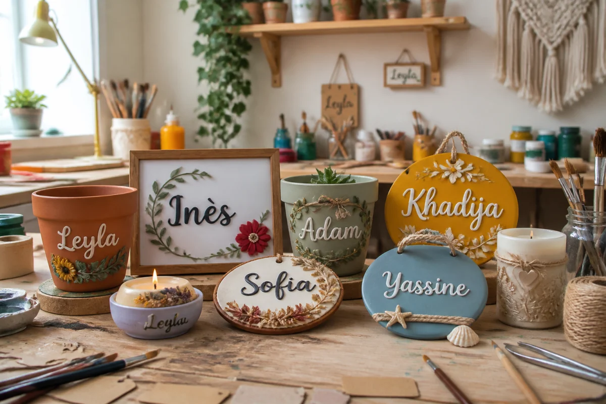 Objets de décoration personnalisés faits main dans un atelier créatif pour gagner de l’argent avec peu de budget