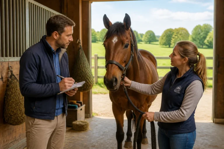 Comment adopter un cheval dans de bonnes conditions Candidat à l’adoption observant un cheval avec un professionnel dans une écurie propre et accueillante