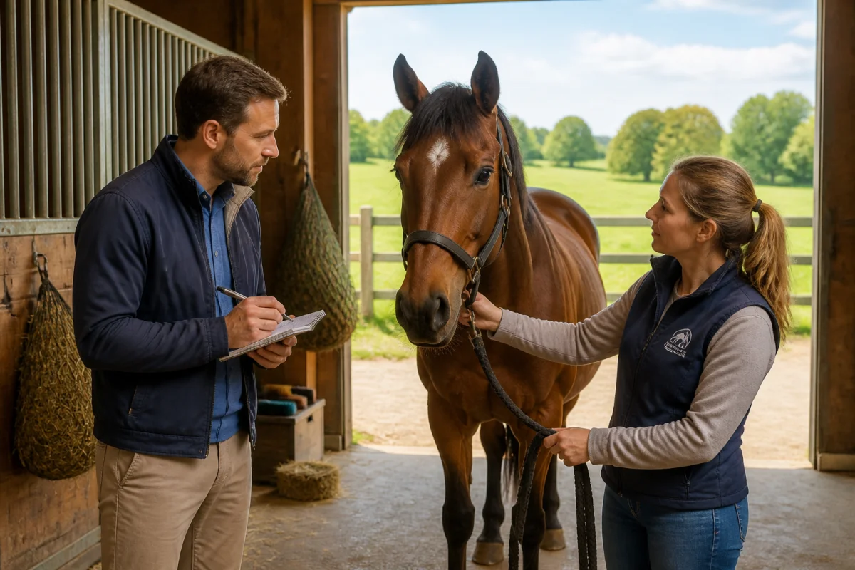 Candidat à l’adoption observant un cheval avec un professionnel dans une écurie propre et accueillante