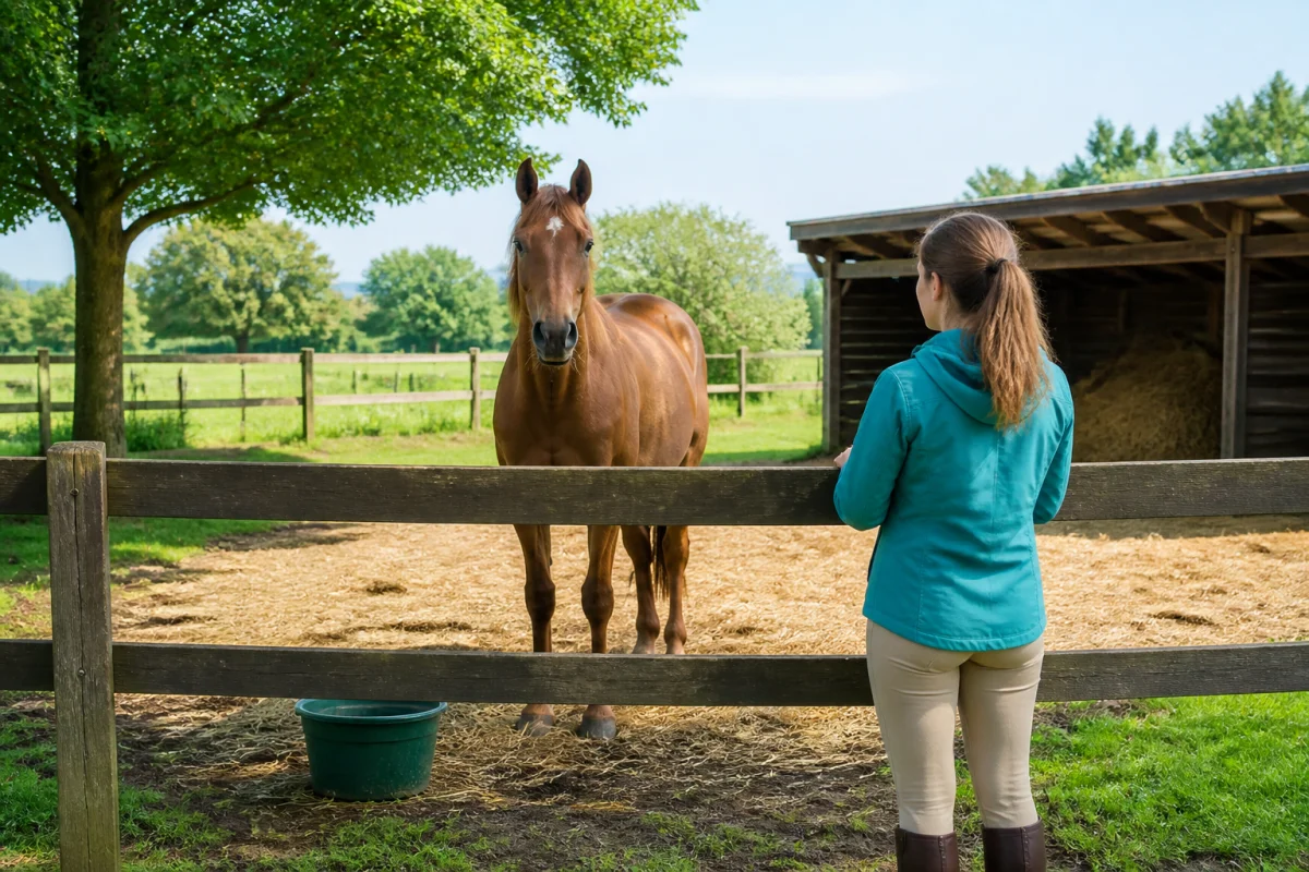 Cheval calme dans un paddock entretenu, observé par une personne évaluant ses conditions avant adoption responsable