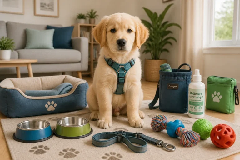 Préparer l’arrivée d’un chiot à la maison sans stress Chiot serein avec harnais, couchage, gamelles et accessoires essentiels pour préparer son arrivée à la maison