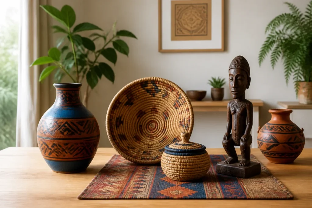 Artisanat du monde et décoration intérieure avec vase en céramique, panier tressé, sculpture en bois et textile coloré