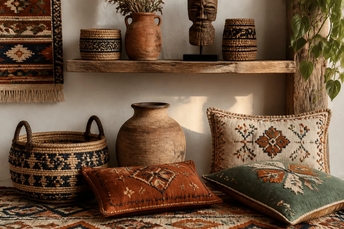 Artisanat du monde et décoration avec tapis tissé, panier en fibres naturelles, vase en terre cuite et coussins brodés
