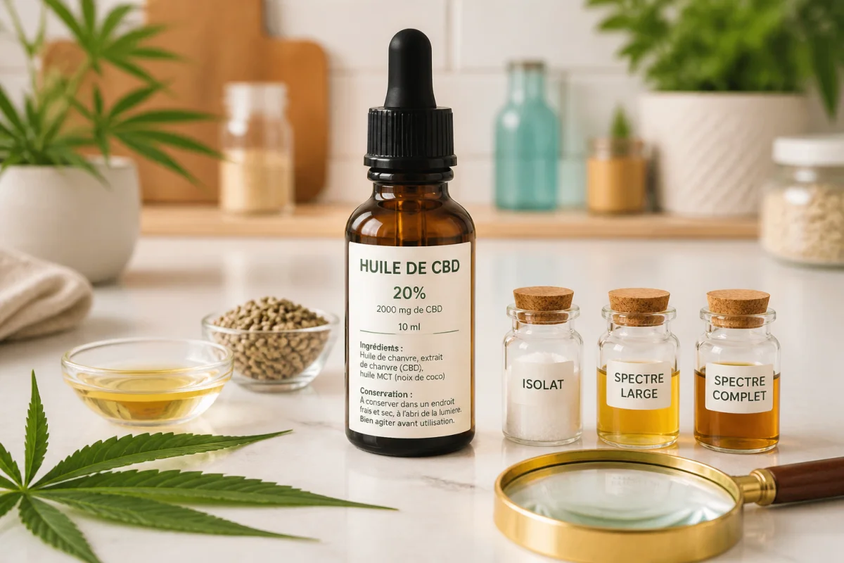 Flacon d’huile de CBD avec étiquette détaillée, entouré d’isolat, spectres large et complet en cuisine lumineuse