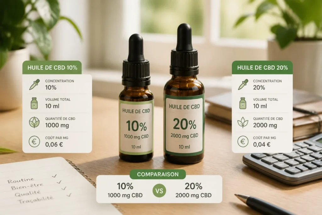 Bien choisir son huile de CBD selon ses besoins Bien choisir son huile de CBD : comparaison de deux flacons selon concentration, volume, quantité totale et coût par milligramme.