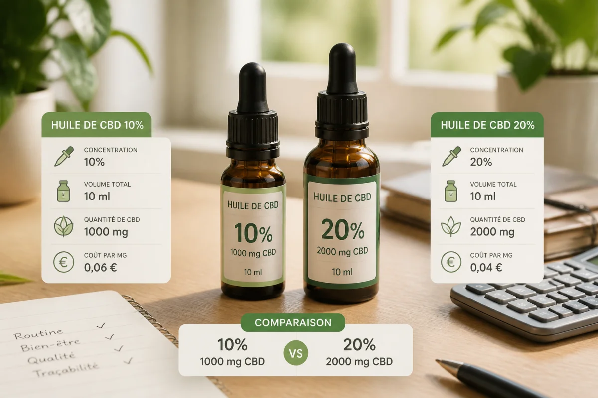 Bien choisir son huile de CBD : comparaison de deux flacons selon concentration, volume, quantité totale et coût par milligramme.