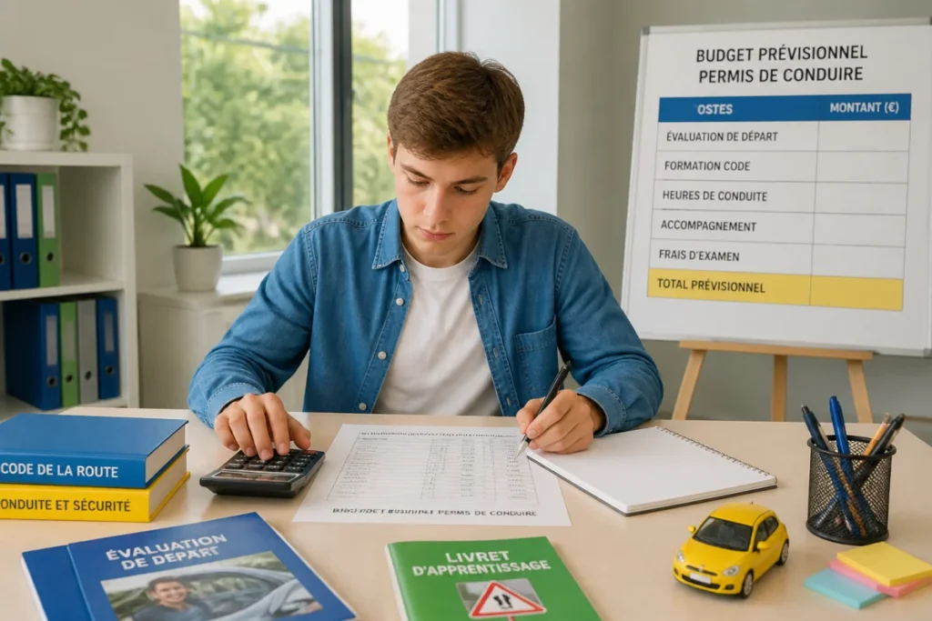 Jeune candidat préparant son budget permis de conduire avec calculatrice et documents de formation dans une auto-école moderne