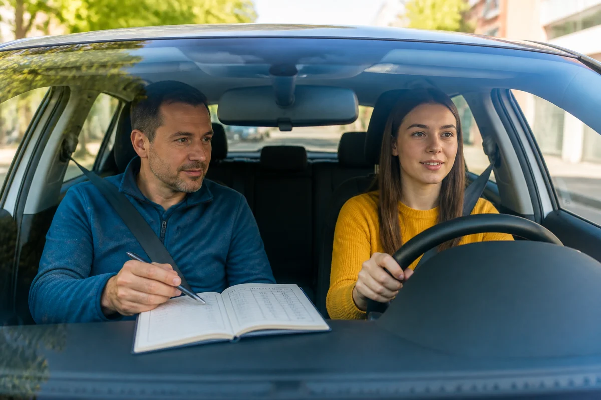 Budget permis de conduire : élève au volant, moniteur attentif et carnet de planification des heures de conduite.