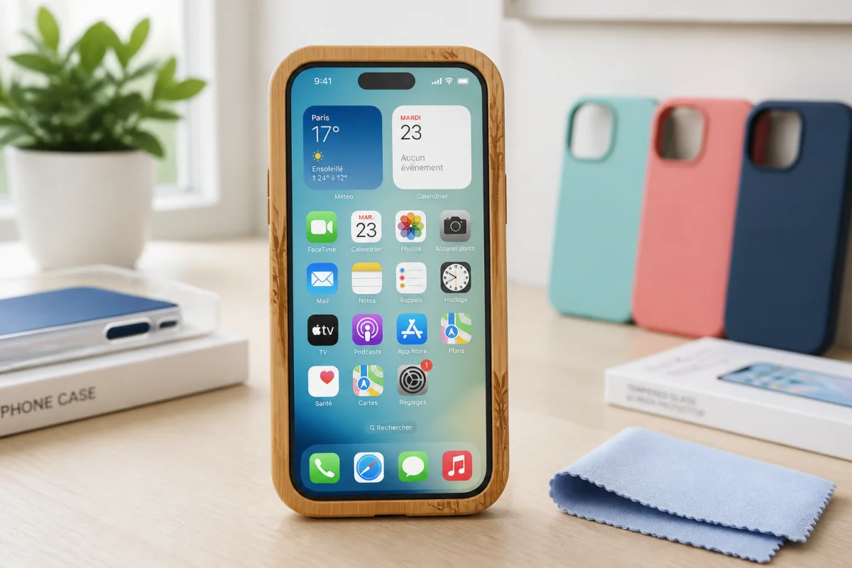 Téléphone neuf bien protégé, avec coque en bambou gravé et film d’écran parfaitement ajusté, prêt à être configuré