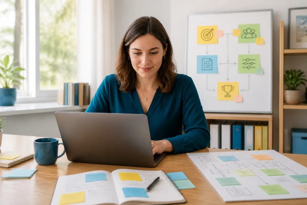 Comprendre les assistants IA conversationnels facilement Professionnelle structurant une demande claire pour un assistant IA conversationnel, entourée de notes organisées sur son bureau
