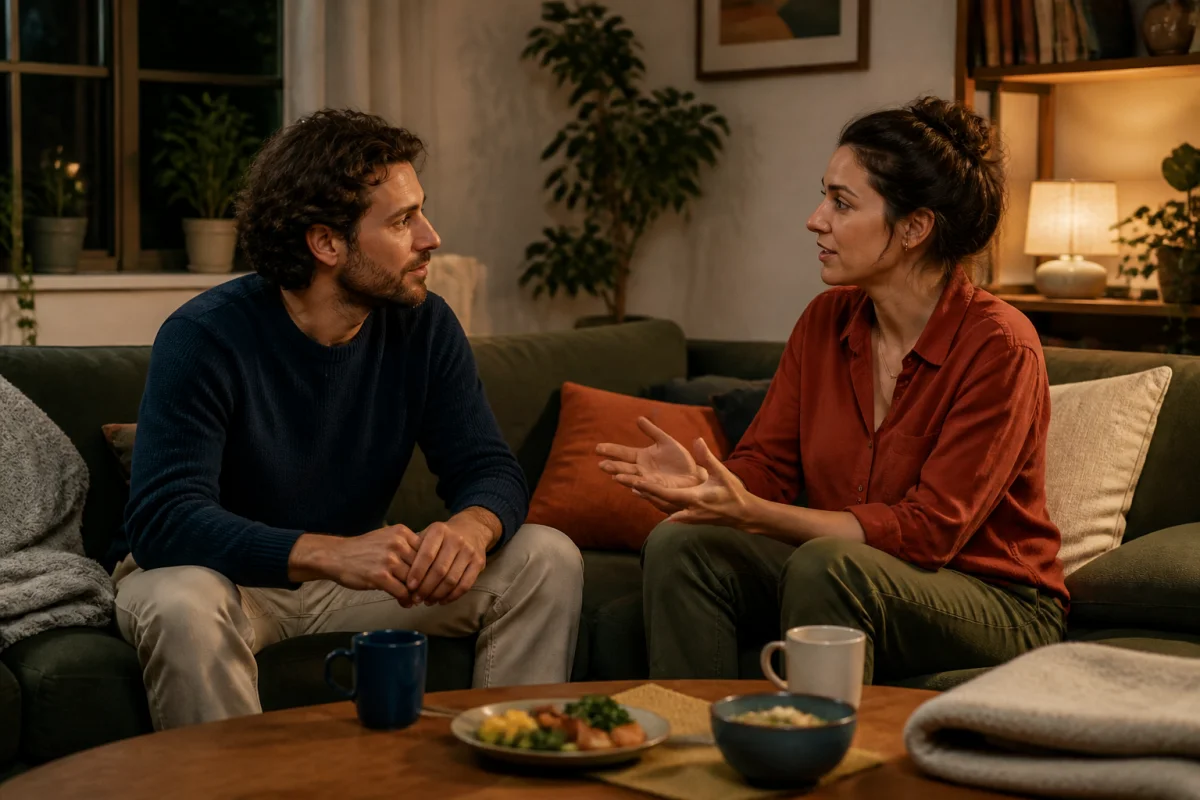 Couple échangeant calmement sur le consentement dans le couple, dans un salon chaleureux, avec écoute et bienveillance