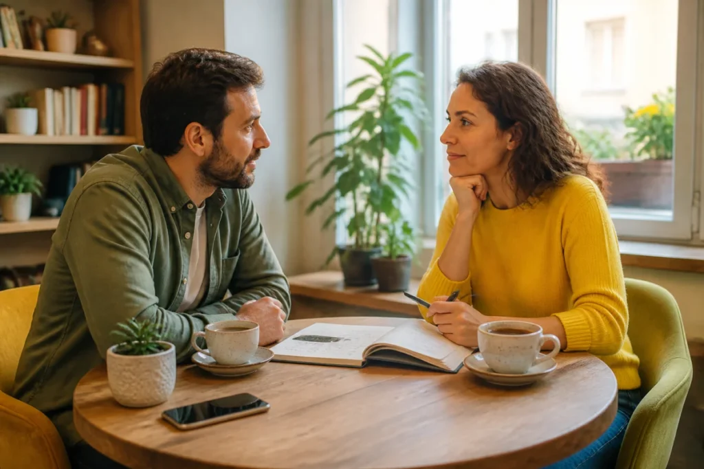 Mieux vivre le consentement dans le couple au quotidien Couple échangeant sereinement autour d’un carnet partagé pour favoriser le consentement dans le couple au quotidien