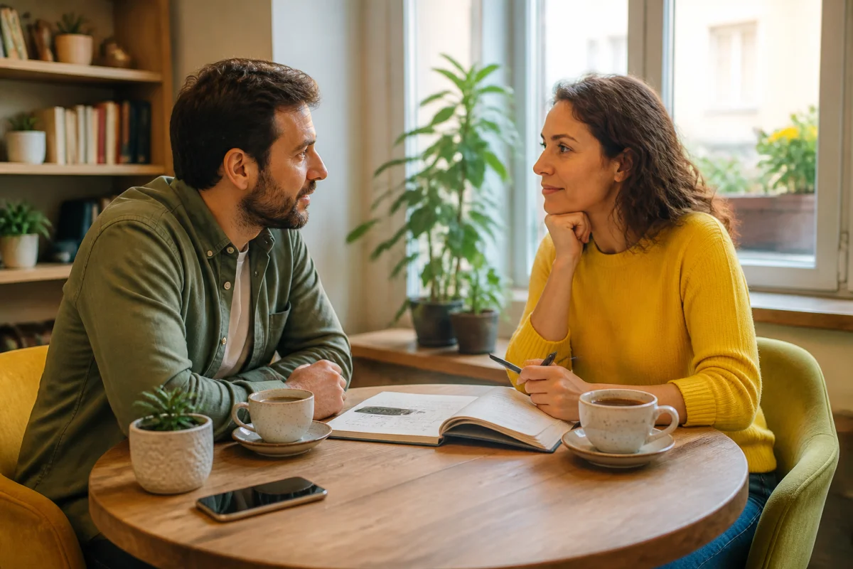 Couple échangeant sereinement autour d’un carnet partagé pour favoriser le consentement dans le couple au quotidien
