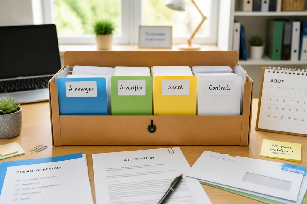 Préparer sa rentrée sans stress avec une méthode simple Préparer sa rentrée sans stress avec un dossier organisé et des intercalaires « À envoyer », « À vérifier », « Santé » et « Contrats »