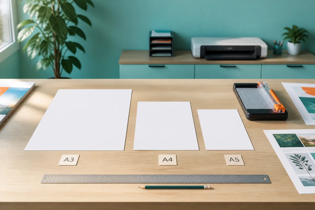 Formats d’impression les plus courants A3, A4 et A5 alignés sur une table en atelier de reprographie