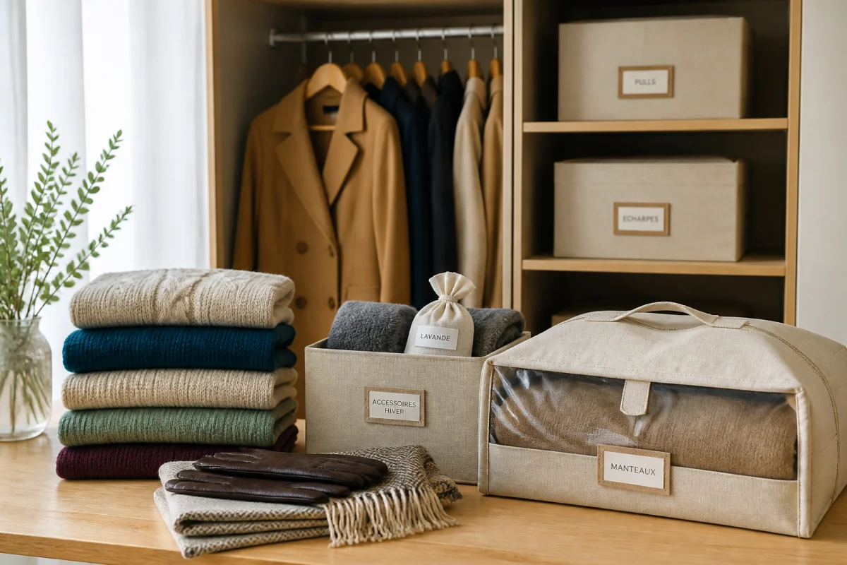 Vêtements d’hiver soigneusement rangés dans une armoire, avec manteau, pulls en laine, écharpes et gants organisés