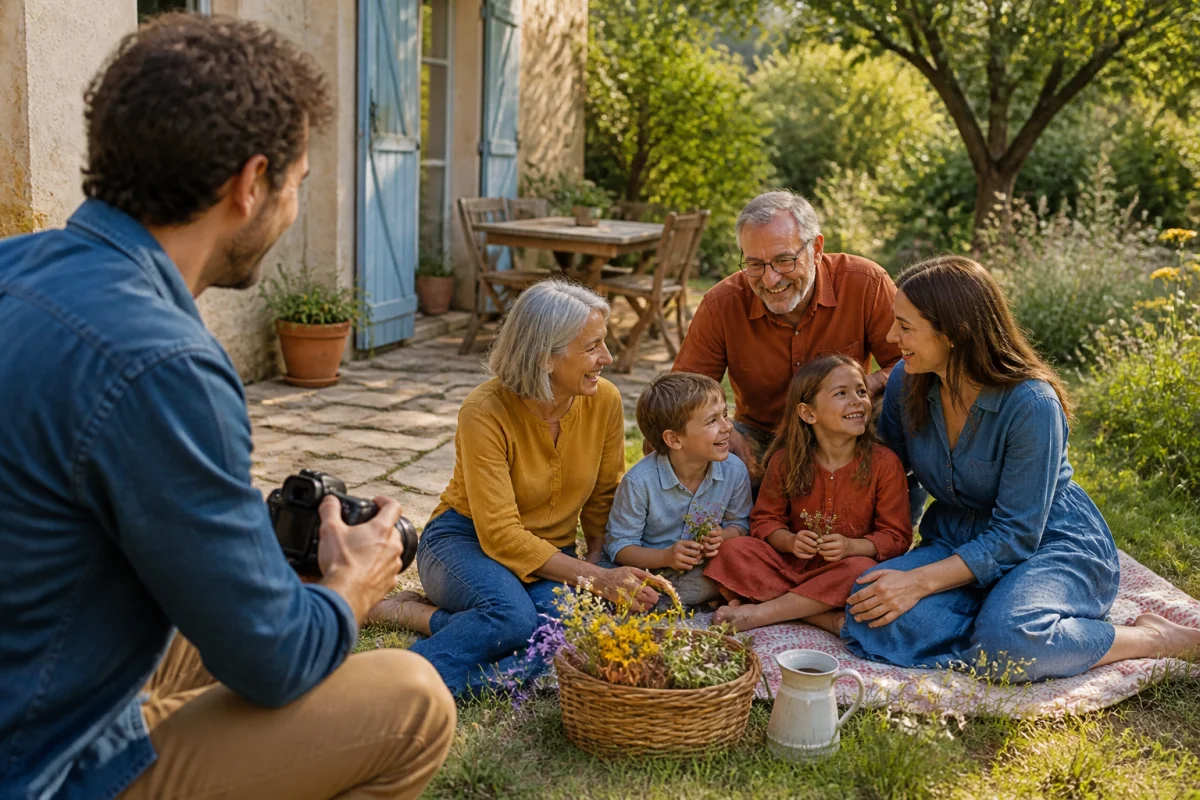 Groupe Prima Vista photographie une famille réunie dans un jardin lumineux, accompagnée par un photographe souriant.