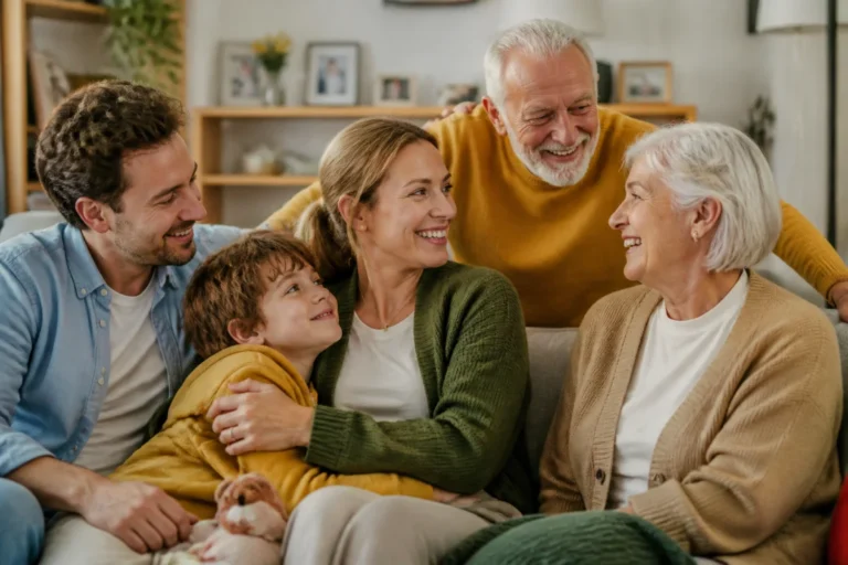 Groupe Prima Vista accompagne une famille réunie, partageant sourires et tendresse dans un salon chaleureux.