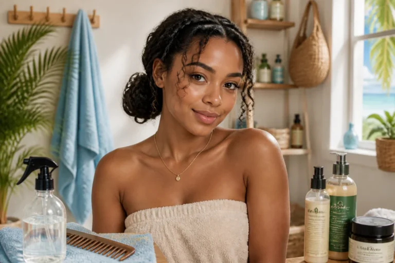 Préparer ses cheveux avant l’été avec une routine adaptée Jeune femme aux cheveux bouclés préparant ses cheveux avant l’été avec une coiffure protectrice et des soins hydratants.