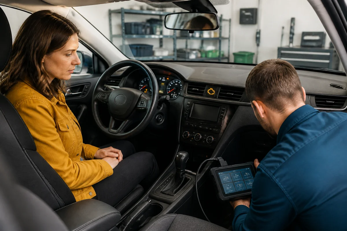Conductrice observant un voyant moteur orange pendant qu’un technicien effectue un diagnostic automobile pour rouler en sécurité